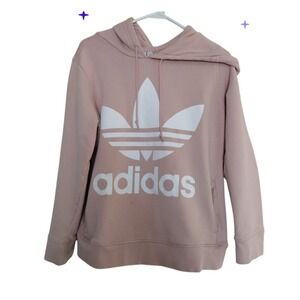 Adidas Hoodie Sweatshirt Womens Medium Pink Trefoil White Logo‎ Pull Over Cotton